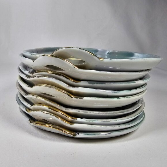 Set of 9 Sushi Plates 7" Serving Tray w/ Sauce Ring - Bird Floral Made in Japan - Picture 8 of 9